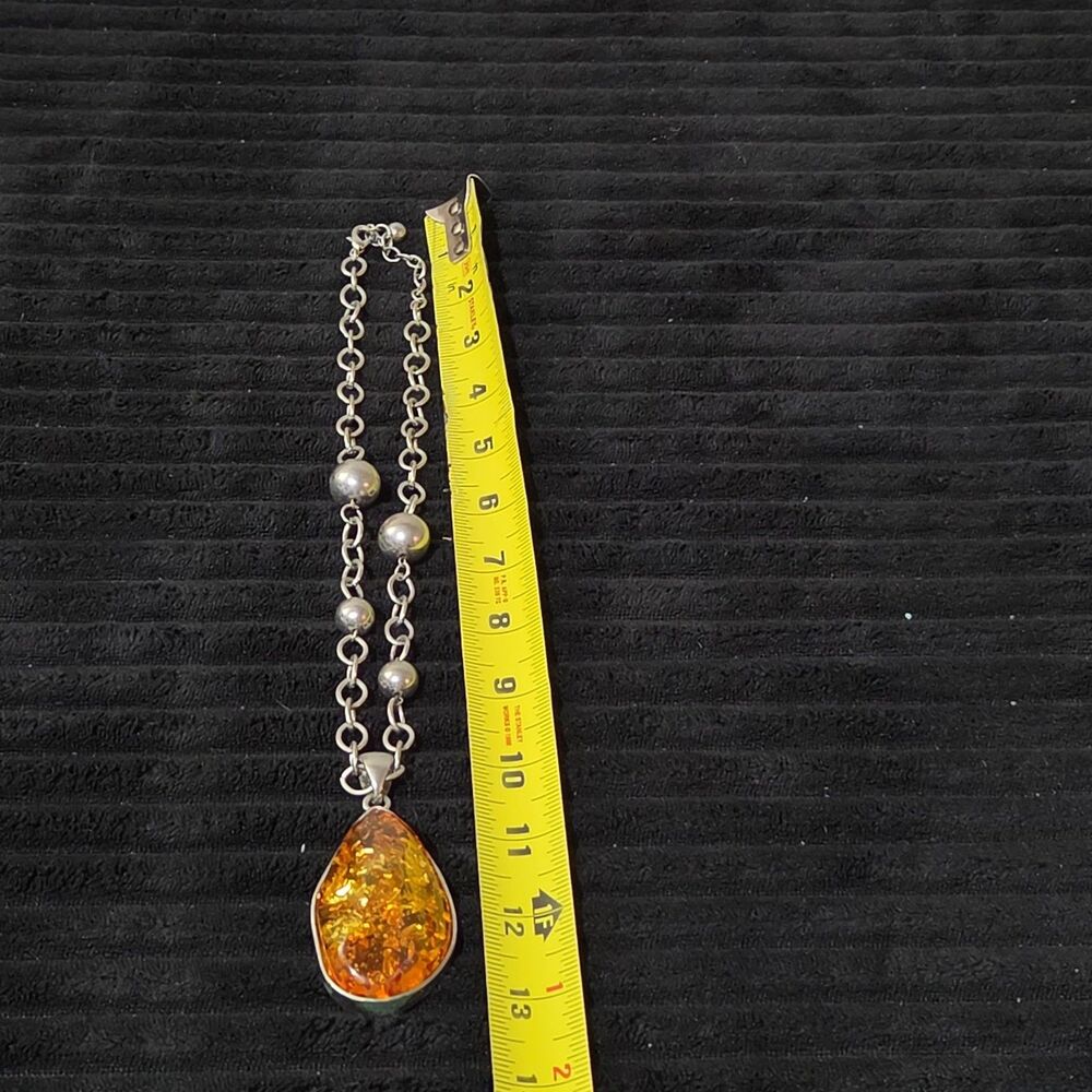 Vintage Faux Amber Necklace Clip On Earrings Set Silver Tone Teardrop Shimmer - Picture 8 of 16